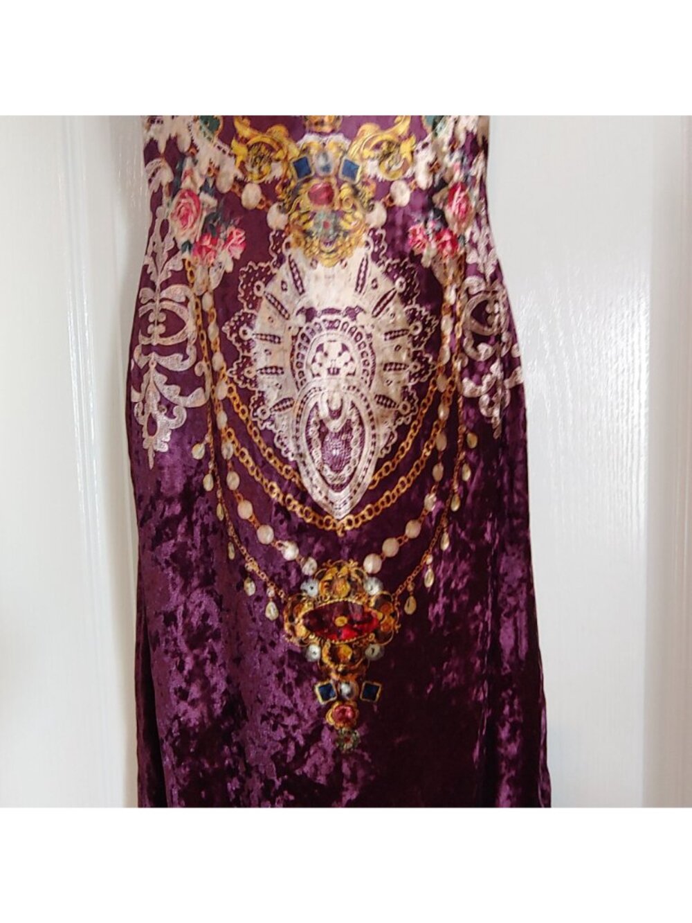 Womens Baroque Velvet Slip Dress Grunge Y2K Sleeze Floral Lace Trim Midi Boho - Picture 5 of 10